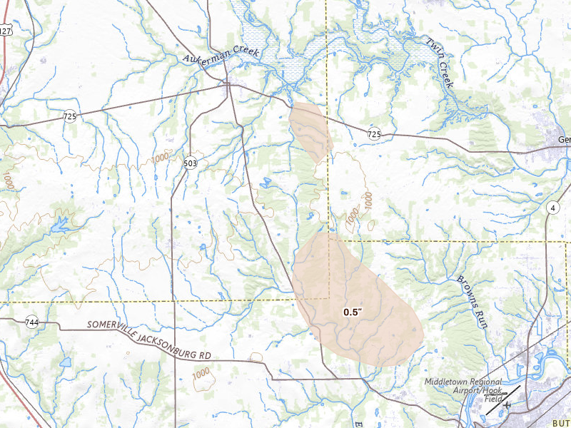 Radar-estimated hail-size map of the storm over Somerville, OH on Jul 27, 2026