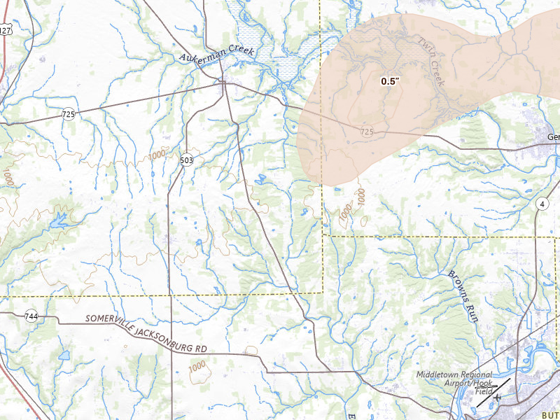 Radar-estimated hail-size map of the storm over Somerville, OH on Aug 7, 2026