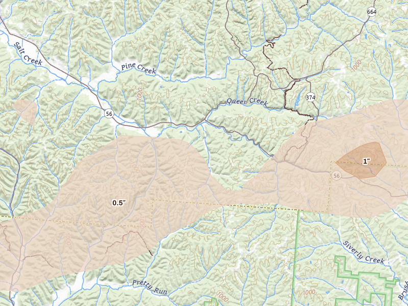 Radar-estimated hail-size map of the storm over South Bloomingville, OH on Aug 8, 2026