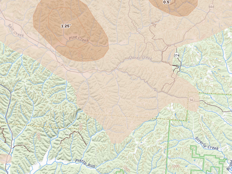 Radar-estimated hail-size map of the storm over South Bloomingville, OH on Aug 10, 2026