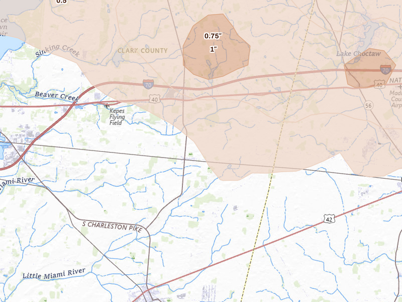 Radar-estimated hail-size map of the storm over South Charleston, OH on Mar 22, 2026