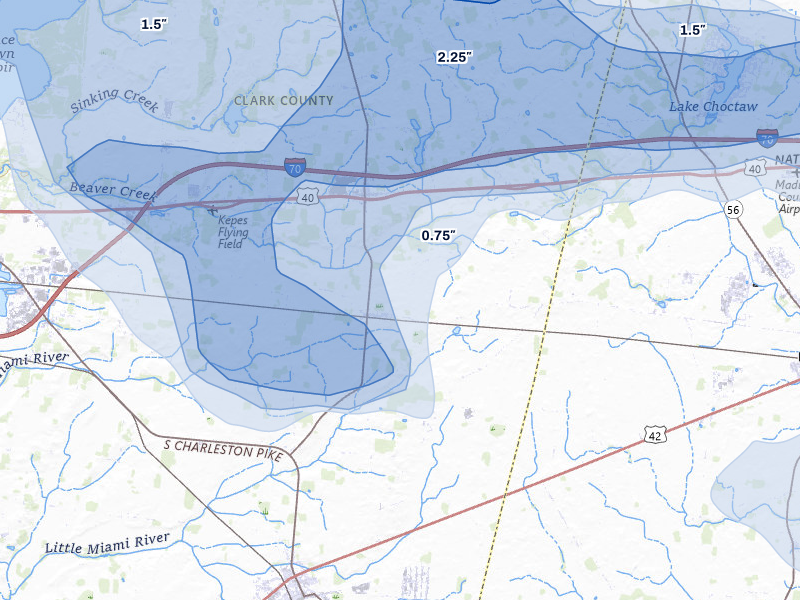 NEXRAD radar-signature map of the hail over South Charleston, OH