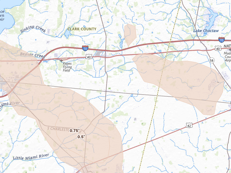 Radar-estimated hail-size map of the storm over South Charleston, OH on Jun 6, 2026