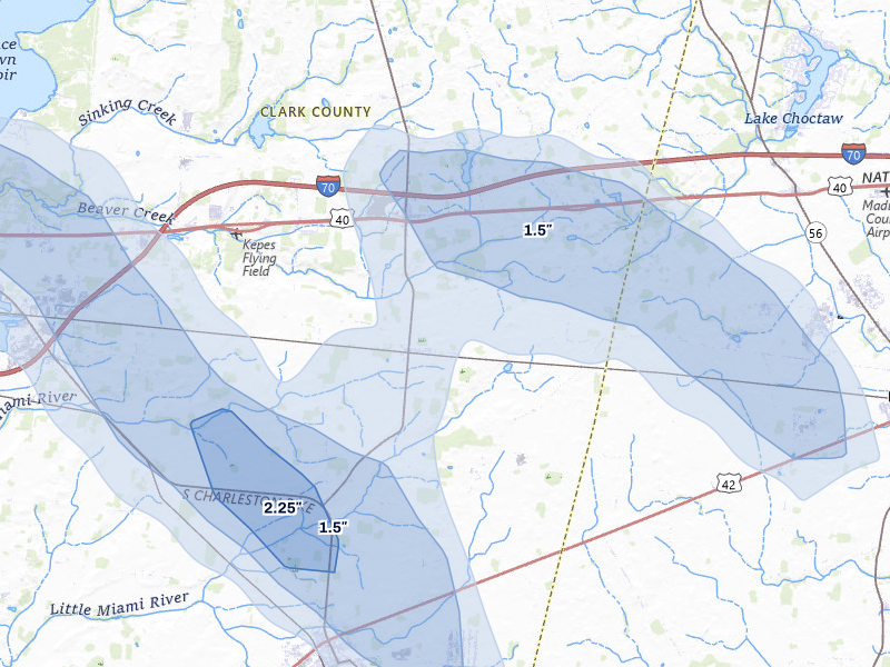 NEXRAD radar-signature map of the hail over South Charleston, OH
