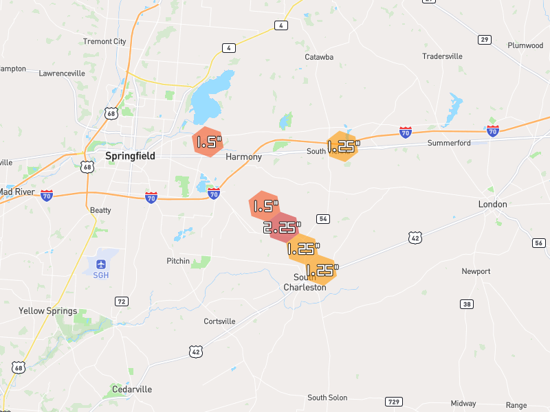 Hail map of South Charleston, OH on Jun 6, 2026, hail up to 2.25"