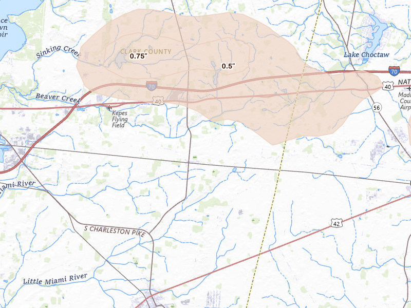 Radar-estimated hail-size map of the storm over South Charleston, OH on Aug 10, 2026