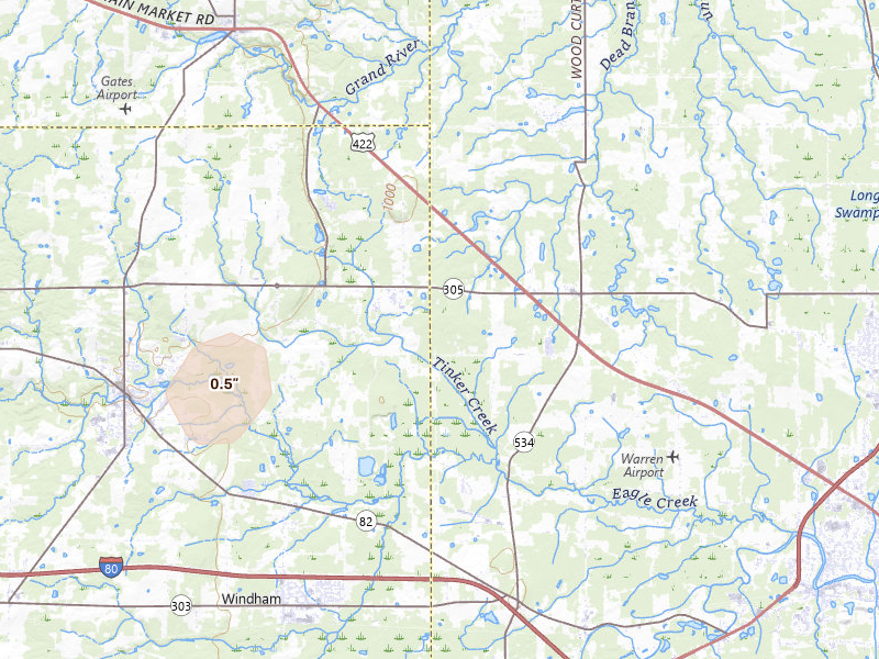 Radar-estimated hail-size map of the storm over Southington, OH on Jul 3, 2026