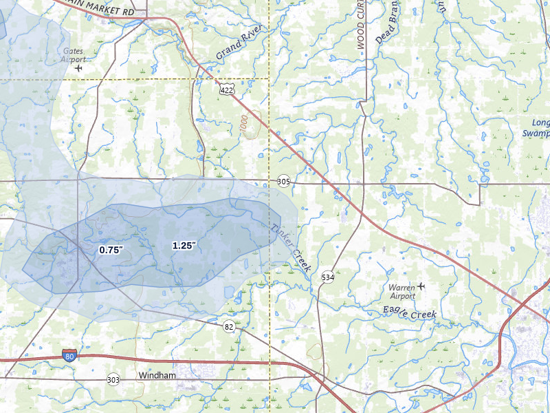 NEXRAD radar-signature map of the hail storm over Southington, OH on Jul 3, 2026