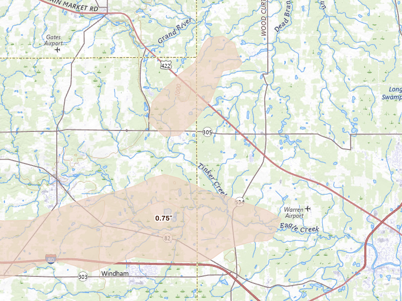 Radar-estimated hail-size map of the storm over Southington, OH on Sep 2, 2026