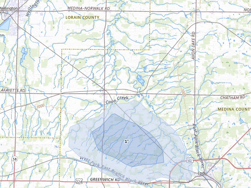 NEXRAD radar-signature map of the hail storm over Spencer, OH on Jul 3, 2026