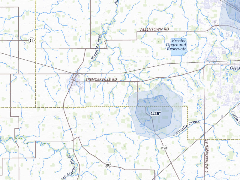 NEXRAD radar-signature map of the hail storm over Spencerville, OH on Mar 21, 2026