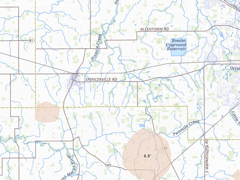 Radar-estimated hail-size map of the storm over Spencerville, OH on Mar 22, 2026