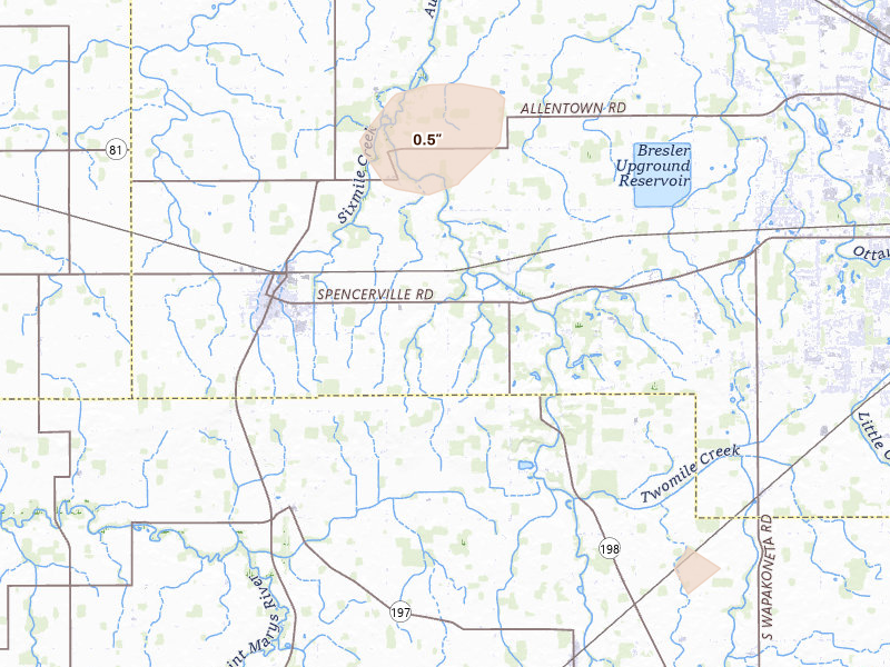Radar-estimated hail-size map of the storm over Spencerville, OH on Jul 3, 2026