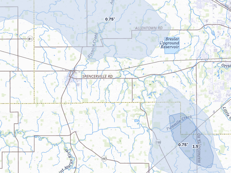 NEXRAD radar-signature map of the hail storm over Spencerville, OH on Jul 3, 2026