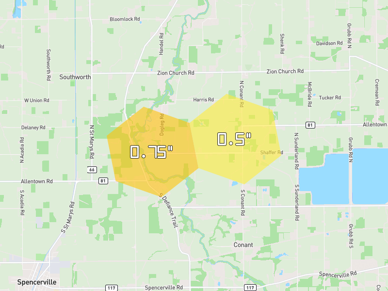 Hail map of Spencerville, OH on Jul 3, 2026, hail up to 0.75"