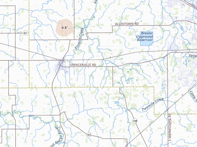 Radar-estimated hail-size map of the storm over Spencerville, OH on Jul 17, 2026