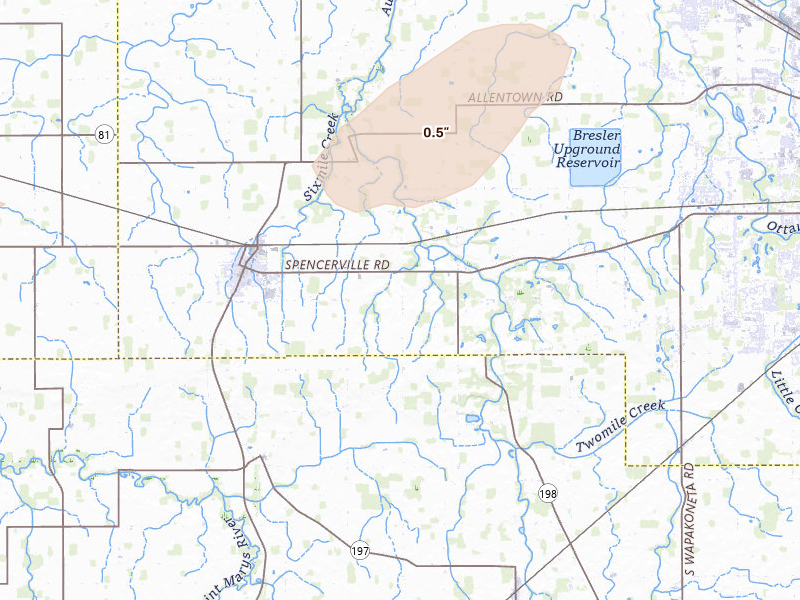 Radar-estimated hail-size map of the storm over Spencerville, OH on Aug 7, 2026