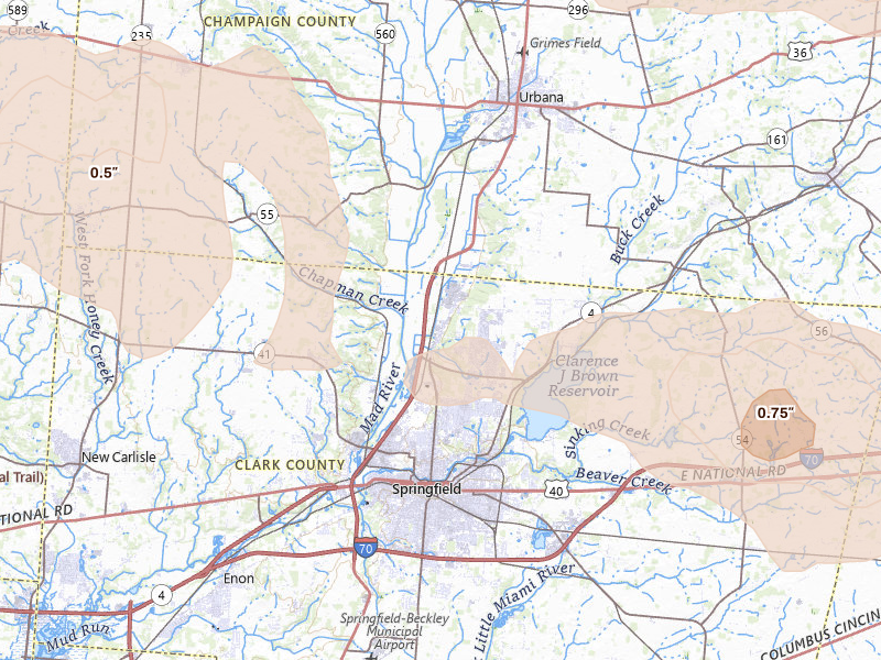 Radar-estimated hail-size map of the storm over Springfield, OH on Mar 22, 2026