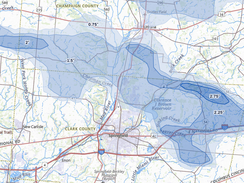 NEXRAD radar-signature map of the hail storm over Springfield, OH on Mar 22, 2026