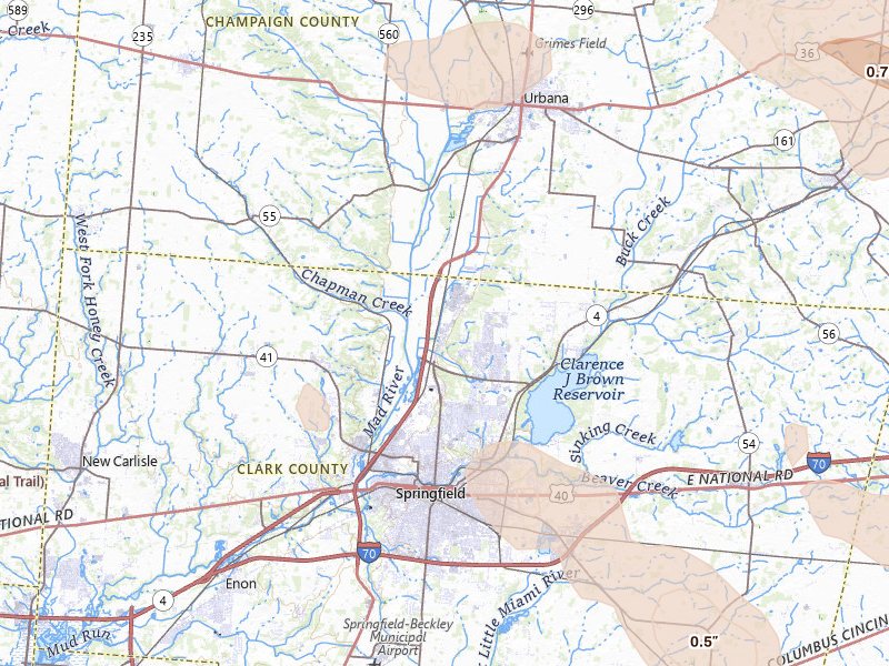 Radar-estimated hail-size map of the storm over Springfield, OH on Jun 6, 2026