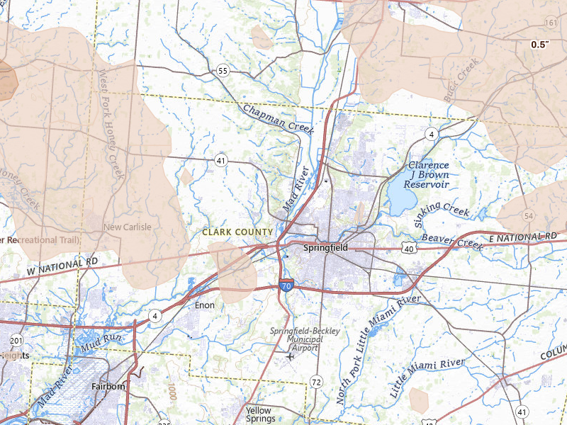 Radar-estimated hail-size map of the storm over Springfield, OH on Aug 11, 2026