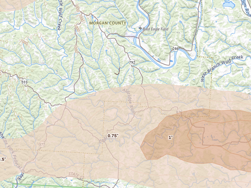 Radar-estimated hail-size map of the storm over Stockport, OH on Apr 1, 2026