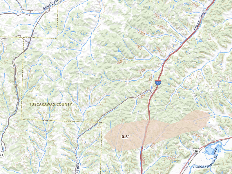Radar-estimated hail-size map of the storm over Stone Creek, OH on Jun 6, 2026