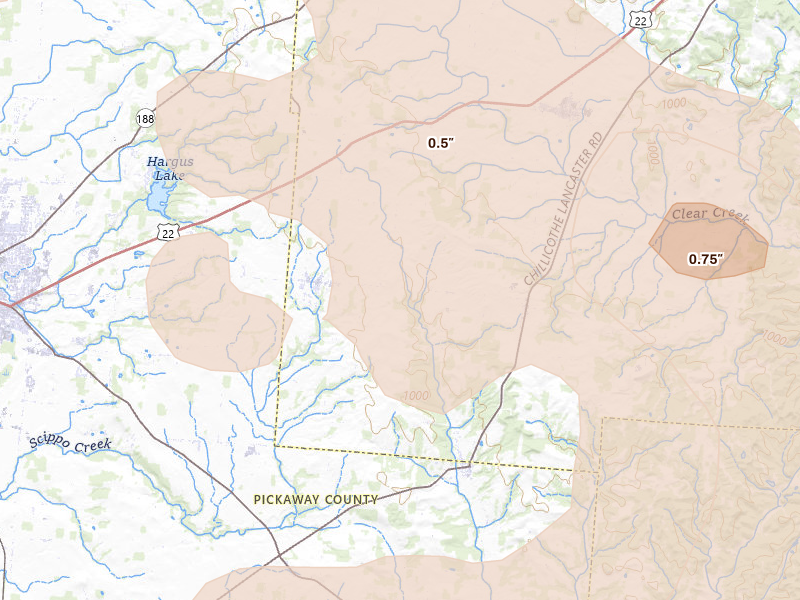 Radar-estimated hail-size map of the storm over Stoutsville, OH on Aug 10, 2026
