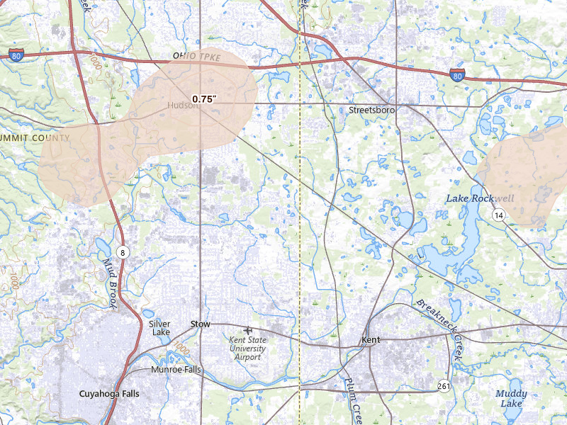 Radar-estimated hail-size map of the storm over Stow, OH on Aug 22, 2026