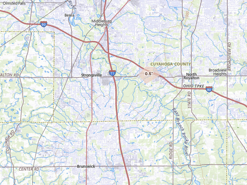 Radar-estimated hail-size map of the storm over Strongsville, OH on Jun 14, 2026