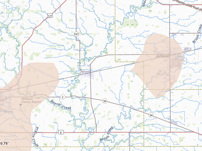 Radar-estimated hail-size map of the storm over Stryker, OH on Mar 26, 2026