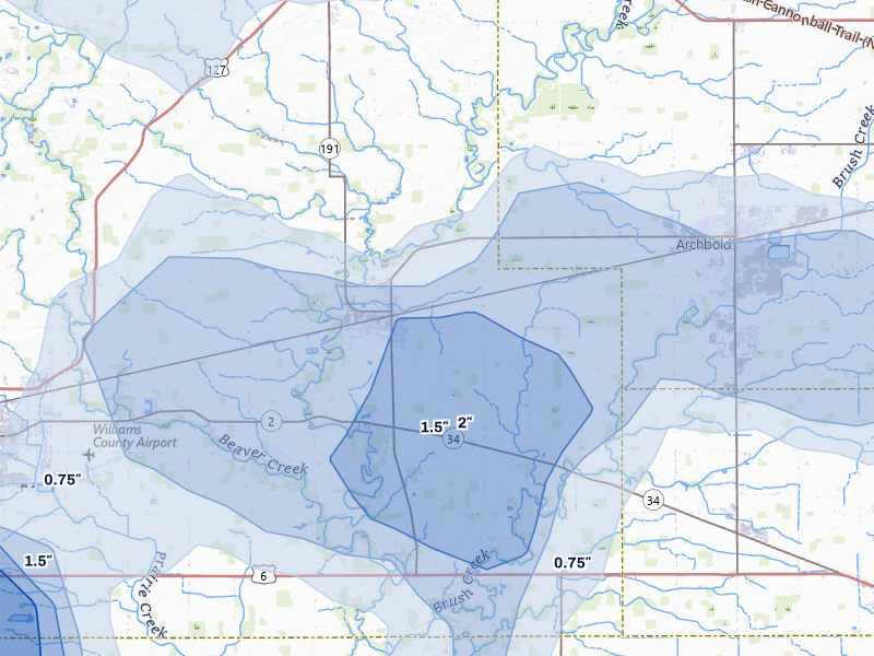 NEXRAD radar-signature map of the hail storm over Stryker, OH on Mar 26, 2026