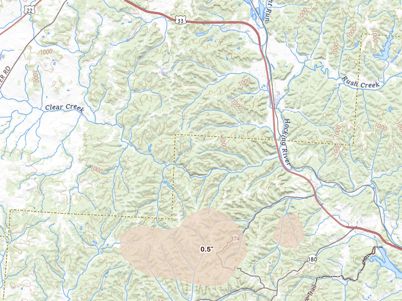Radar-estimated hail-size map of the storm over Sugar Grove, OH on Apr 1, 2026