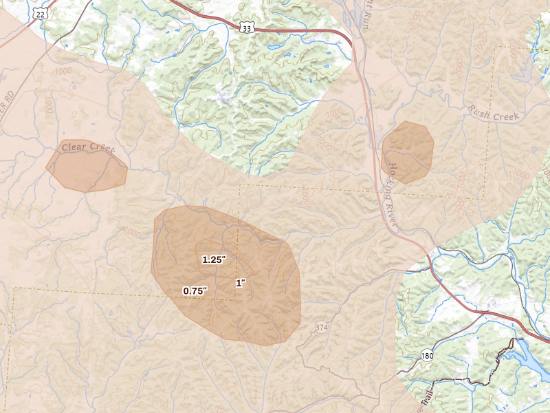 Radar-estimated hail-size map of the storm over Sugar Grove, OH on Aug 10, 2026