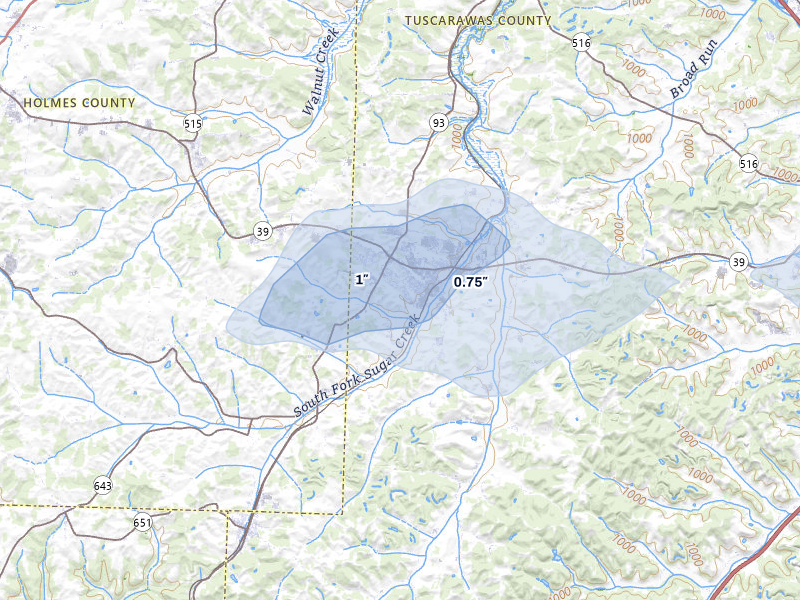 NEXRAD radar-signature map of the hail storm over Sugarcreek, OH on Mar 22, 2026