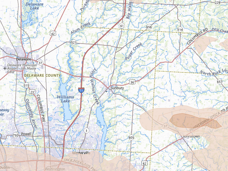 Radar-estimated hail-size map of the storm over Sunbury, OH on Mar 22, 2026