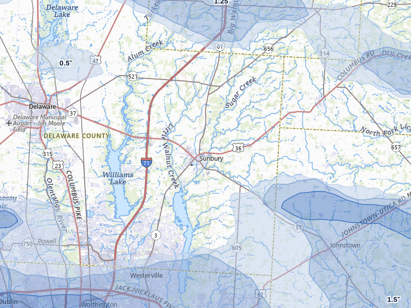 NEXRAD radar-signature map of the hail storm over Sunbury, OH on Mar 22, 2026