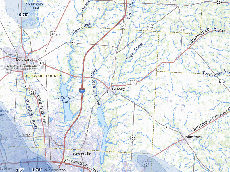 NEXRAD radar-signature map of the hail storm over Sunbury, OH on Apr 22, 2026