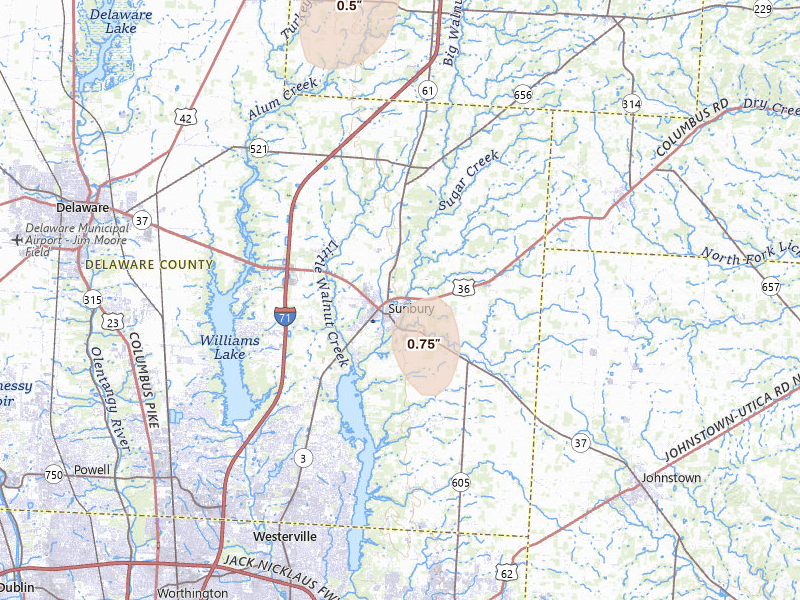 Radar-estimated hail-size map of the storm over Sunbury, OH on May 19, 2026