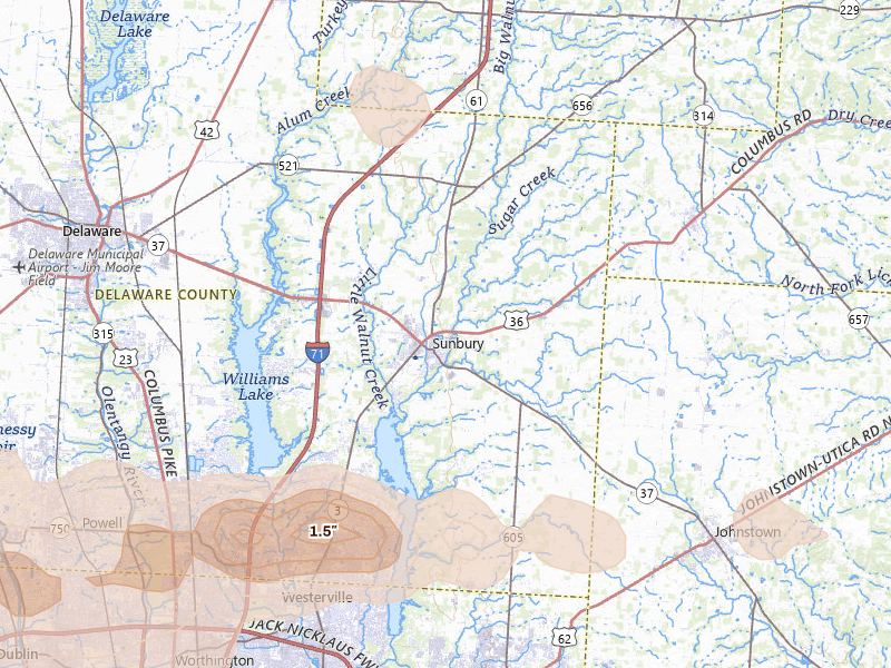 Radar-estimated hail-size map of the storm over Sunbury, OH on Jun 6, 2026