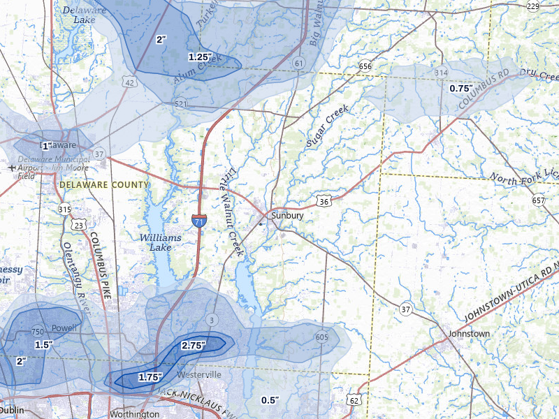 NEXRAD radar-signature map of the hail storm over Sunbury, OH on Jun 6, 2026