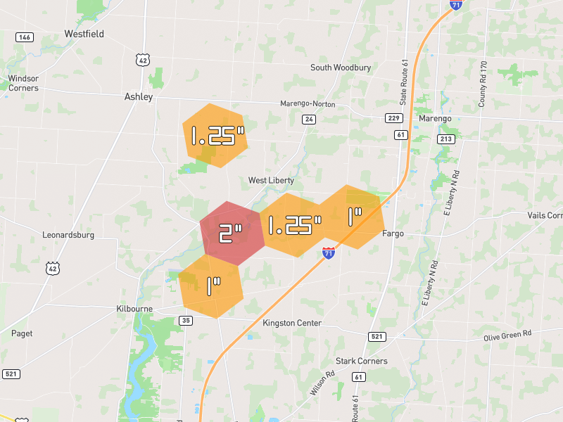 Hail map of Sunbury, OH on Jun 6, 2026, hail up to 2"