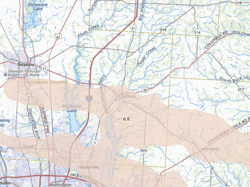 Radar-estimated hail-size map of the storm over Sunbury, OH on Jul 21, 2026