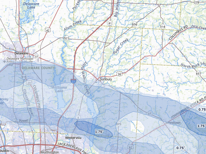 NEXRAD radar-signature map of the hail over Sunbury, OH