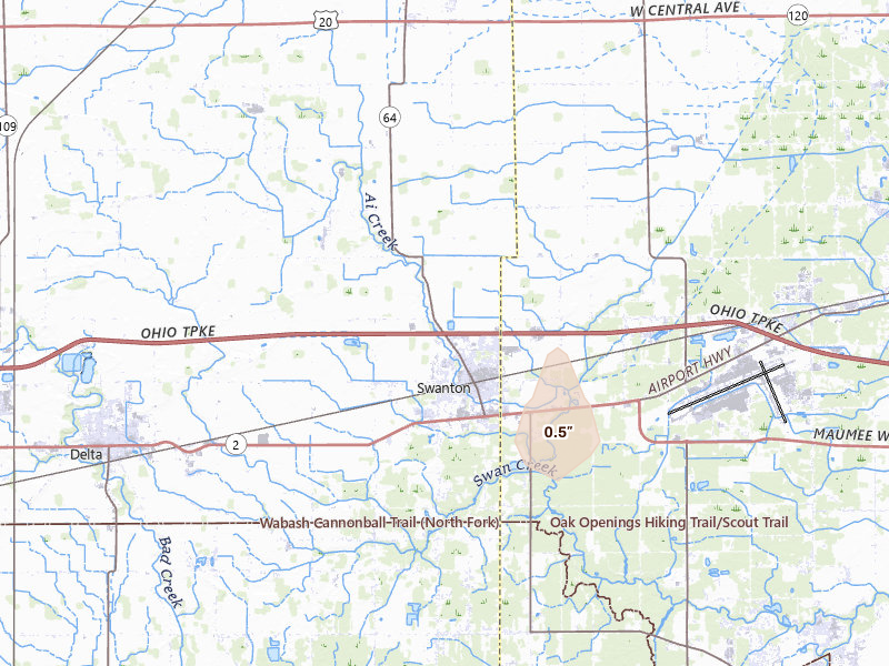 Radar-estimated hail-size map of the storm over Swanton, OH on Apr 22, 2026