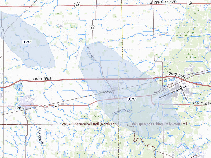 NEXRAD radar-signature map of the hail over Swanton, OH