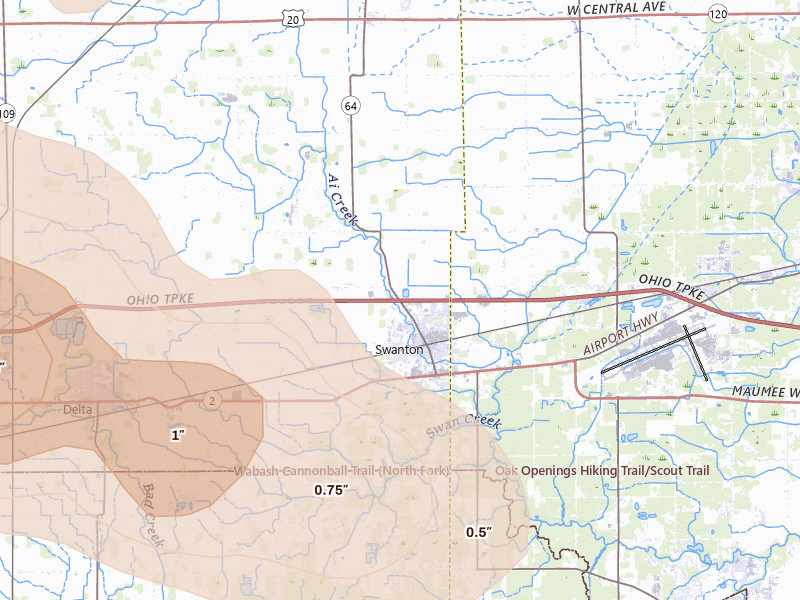 Radar-estimated hail-size map of the storm over Swanton, OH on Aug 10, 2026