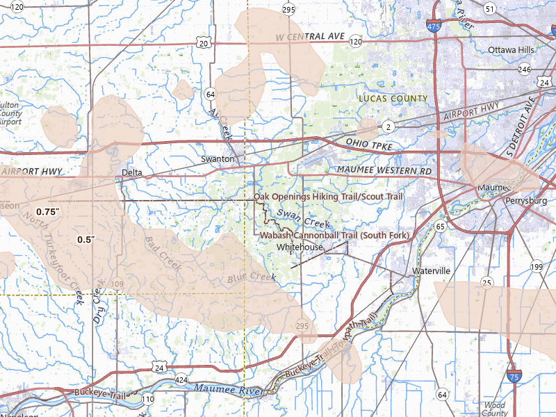 Radar-estimated hail-size map of the storm over Swanton, OH on Sep 3, 2026