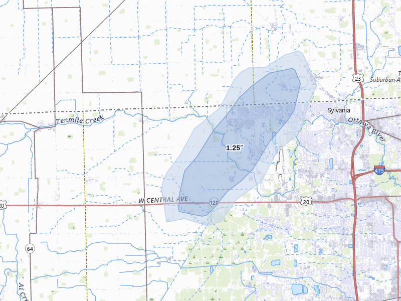 NEXRAD radar-signature map of the hail over Sylvania, OH