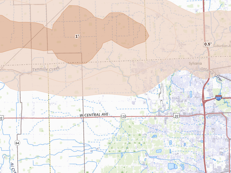 Radar-estimated hail-size map of the storm over Sylvania, OH on Aug 10, 2026